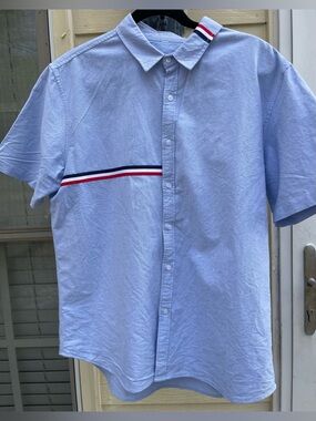 Men’s Blue Button Down Short Sleeve Shirt with Contrast Stripe Sz L